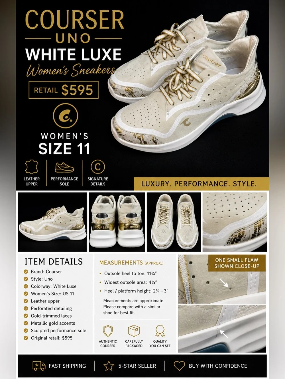 Courser Uno Women’s Sneakers – White Luxe / Gold – Size 11